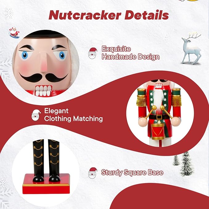 Nutcracker Christmas Decor, 18" Wooden Nutcracker Soldier Christmas Decoration Home Mantle Table Fireplace Christmas Ornaments for Festival Party(18" Hat Drum Nutcracker)
