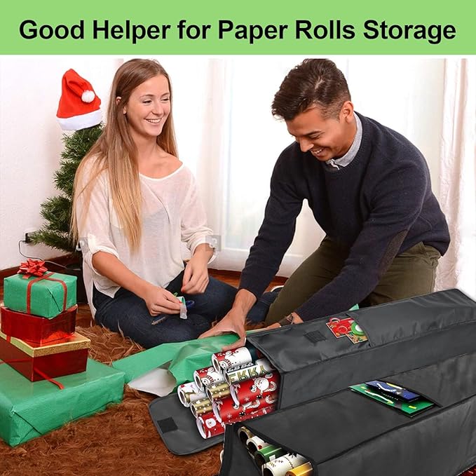 Newbob Wrapping Paper Organizer Storage, 31" Christmas Wrapping Paper Holder for 9 Standard Rolls, Waterproof Gift Wrap Storage Bag with Side Pocket & Handles