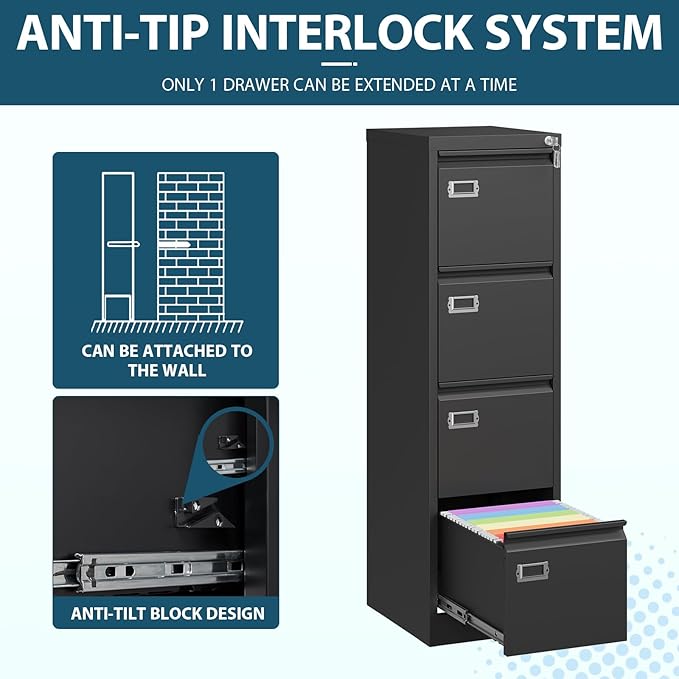 MIIKO 4 Drawer Filing Cabinets with Lock, Metal File Cabinet with 4 Drawers, Home Office File Folders Cabinet for Letter Legal A4 File Size