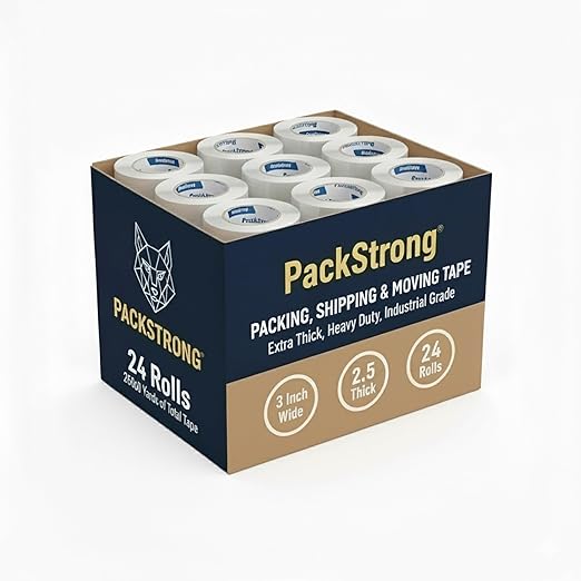 Packstrong Industrial Grade Clear Packing Tape 24 Rolls - 110 Yards per Roll - 3" Wide x 2.5 mil Thick, Acrylic Adhesive Heavy Duty Tape for Box Office Moving Packaging Shipping