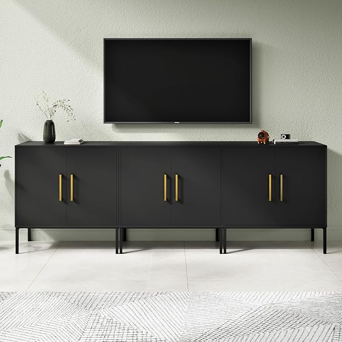 LYNSOM Storage Cabinet with Doors, Set of 3, Modern Buffet Cabinet with Storage, Kitchen Sideboard Buffet, Black Wood Accent Cabinet for Living Room, Bedroom, Hallway, Entryway, Office, Black