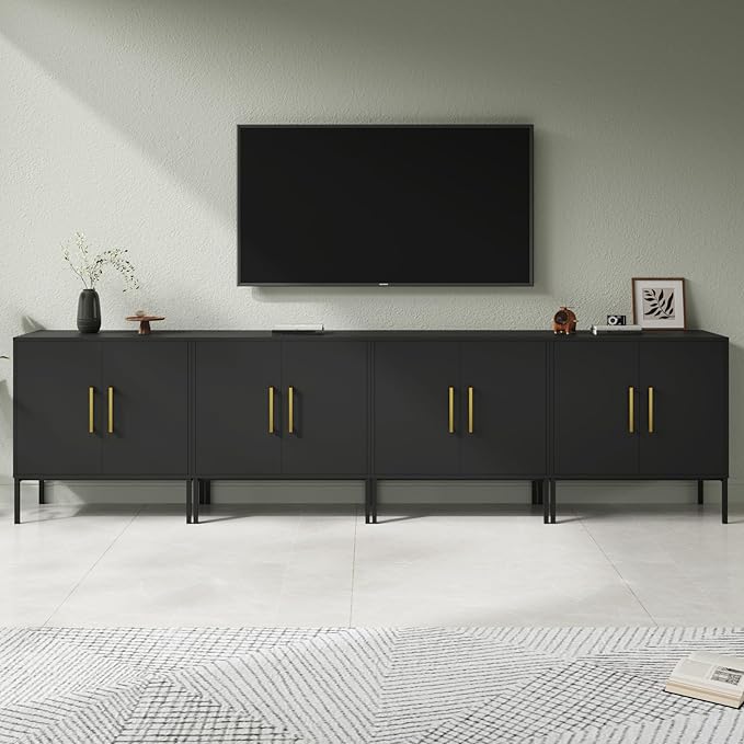 LYNSOM Storage Cabinet with Doors, Set of 4, Modern Buffet Cabinet with Storage, Kitchen Sideboard Buffet, Black Wood Accent Cabinet for Living Room, Bedroom, Hallway, Entryway, Office, Black