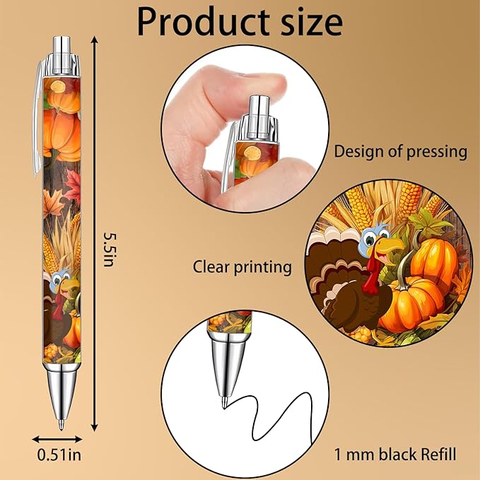 Thanksgiving Pens Set – Festive Fall-Themed Ballpoint Pens for Girls, Students, and Stationery Lovers – Smooth Writing Pens for Journaling, School, or Holiday Gifts – Autumn Harvest Design, 8 Pack