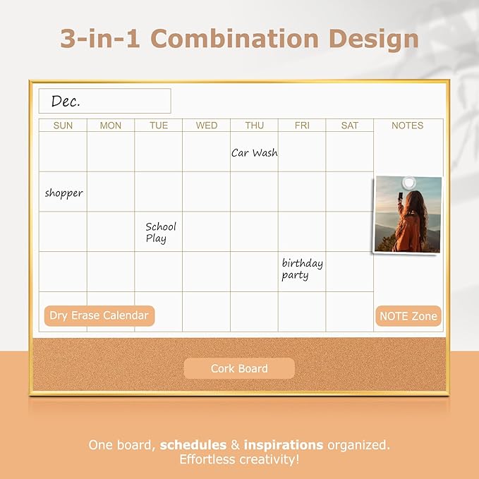 Magnetic Dry Erase Calendar Board for Wall - 36'' x 24'' Monthly Calendar Whiteboard with Cork Board - Gold Aluminum Frame