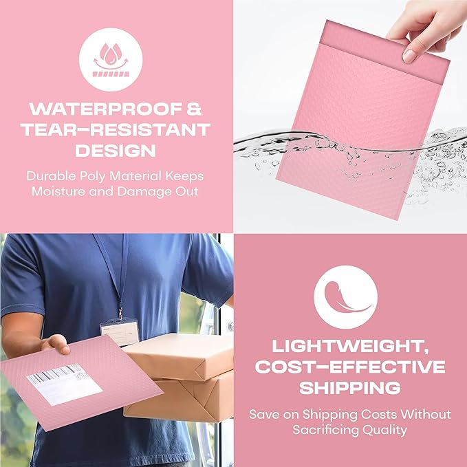 Light Pink Poly Bubble Mailers 7.25x12 inch #1 | Self Seal Padded Envelopes | Cushioned Bubble Mailer | Usable Size 7.25x11 | WaterProof | Lightweight mailing Shipping Bags | 200 Pack Bulk