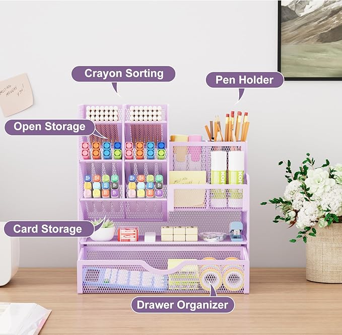 Marbrasse Mesh Pen Holder for Desk, Multi-Functional Pencil Organizer with Drawer, Desk Organizers and Accessories for Office Art Supplies (Purple)