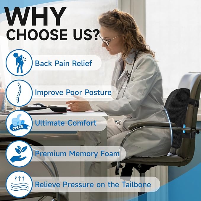 Lumbar Support Pillow for Office Chair, Memory Foam Office Chair Back Support,Lower Back Pillow for Car Seat, Back Pain Relief, Back Pillow for Chair with Adjustable Strap and Mesh Washable Cover