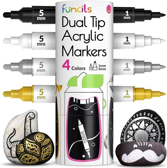 4 Dual Tip Acrylic Paint Pens - Fine Tip & Medium, Permanent & Waterproof - Acrylic Paint Markers for Rock Painting, Canvas, Wood, Ceramic, Glass, Fabric, Metal - White, Black, Gold & Silver