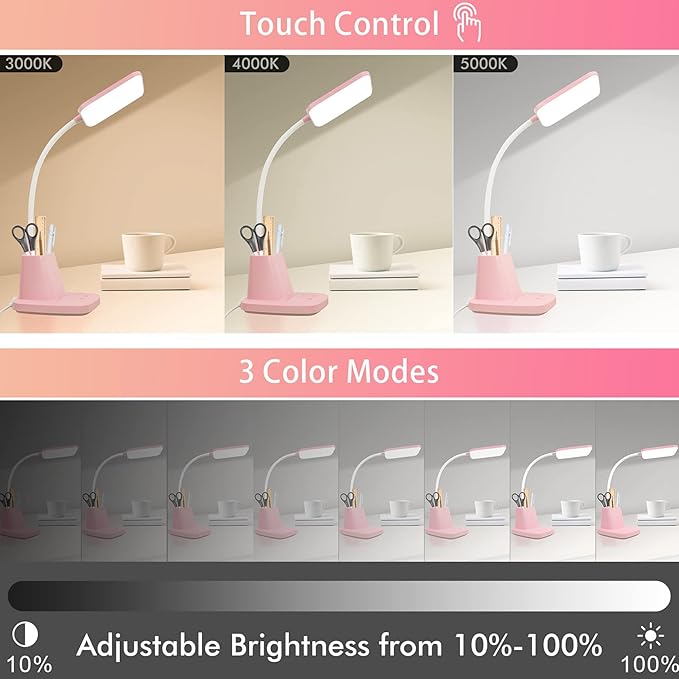 Sailstar Pink Desk Lamp, Small Desk Lamp with Pen Holder, Wireless Charger LED Desk Lamps for Home Office, Kids Desk Lamps 800LM Flexible Arm 3 Modes Dimmable Touch, Study Lamps for College Dorm Room