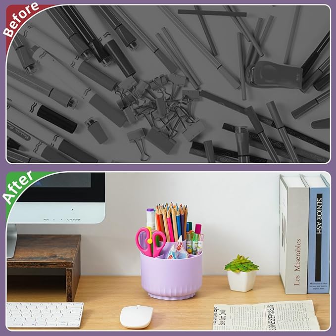Marbrasse Desk Organizer, 360-Degree Rotating Pen Pencil Holder for Desk, Desk Organizers and Accessories with 5 Compartments Pencil Organizer, Art Supply Storage Box Caddy for Office, Home(Purple)