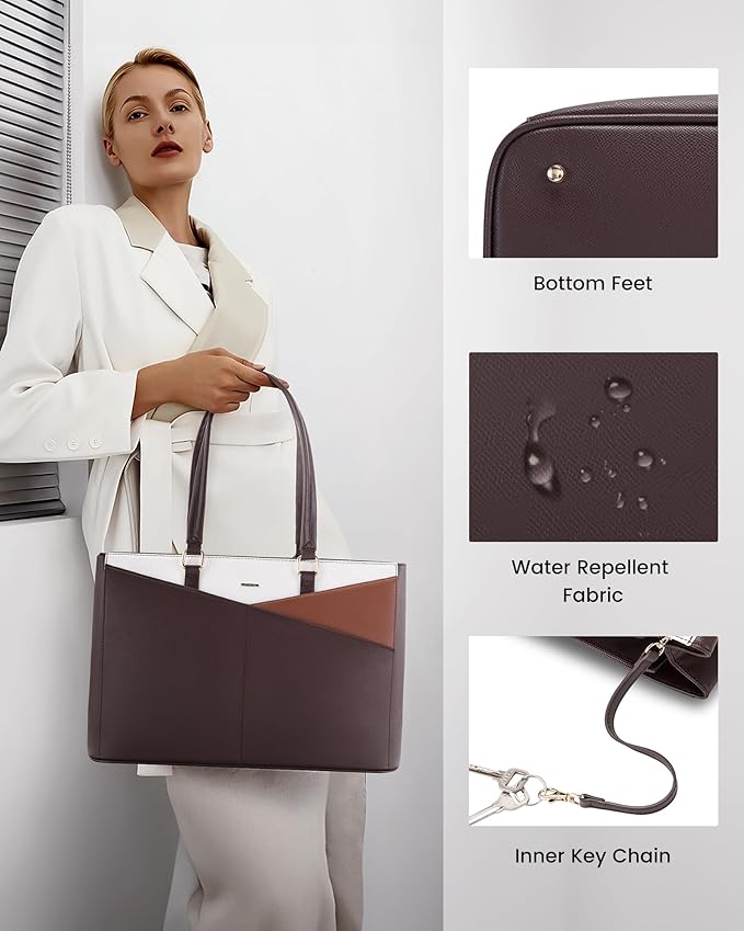 LOVEVOOK Laptop Tote Bag for Women, Office Work Bag Briefcase fit for 15.6 inch Laptop, Large Capacity Teacher Computer Bag Handbag Coffee/Brown/Beige