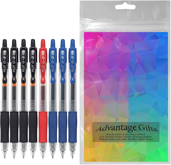 G2 Retractable Premium Gel Ink Roller Ball Pens Extra Fine Point (.5mm) Black/Blue/Red Ink 8 pack; Refillable & Premium Comfort Grip Bundle with Plastic Reusable Pouch