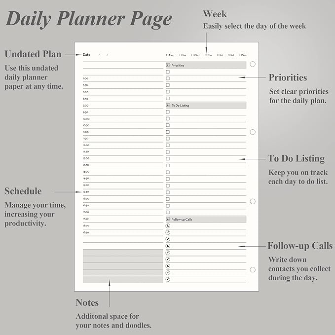 [EMSHOI Daily Planner Refill 8.5" X 11.5", 80 Sheets, 160 Pages Ring Binder Planner Inserts, Thick Cream Color Refill Paper, 100 GSM Loose Leaf, Paper Refills with Gift Box]