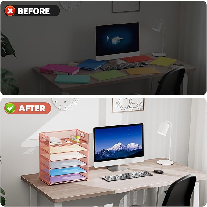 Marbrasse 2 Pack Desk Organizer with Handle, 6 Tier Paper Letter Tray, Mesh Desk File Organizer for Office, School and Home - Rose Gold