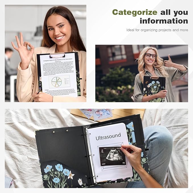 Ospelelf Binder 3 Ring 1 Inch, Floral Round Ring Clipboard Binder for Letter Size with 5 Tab Dividers, File Folder Labels, for School and Office Supplies