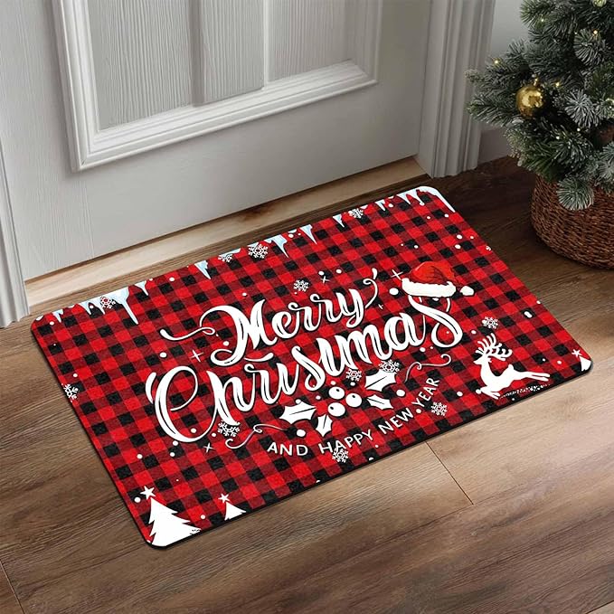 Merry Chirstmas Doormat Buffalo Plaid Door Mat for Front Door, Front Porch Rugs Easy Clean Welcome Mats Outdoor Rug Indoor Outdoor Winter Decor, 16" x 24" Inch