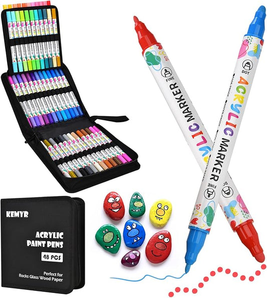 48 Colors Acrylic Paint Pens, Dual Tip Acrylic Paint Markers for Paper, Wood, Canvas, Stone, Rock Painting, Glass, Fabric, DIY, Ceramic, Art Supplies for Kids and Adults Drawing (Dot + Fine)