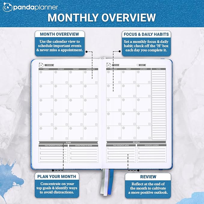 Panda Planner Classic A5 Daily Planner 2026 – Undated Daily & Quarterly Planner with Hourly Schedule, Productivity Calendar, To Do List, Goal Planner, Habit Tracker & Gratitude Journal for Home or Office – Blue