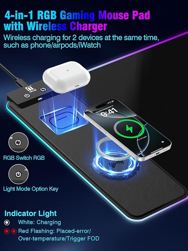 Mouse Pad with Magnetic Wireless Charging, Large Desk Pad Protector, RGB Black Mousepad Desk Mat with 15W Fast Charger, 4mm Thick Non-Slip, Waterproof Laptop Writing Pad for Office, Home, Gaming