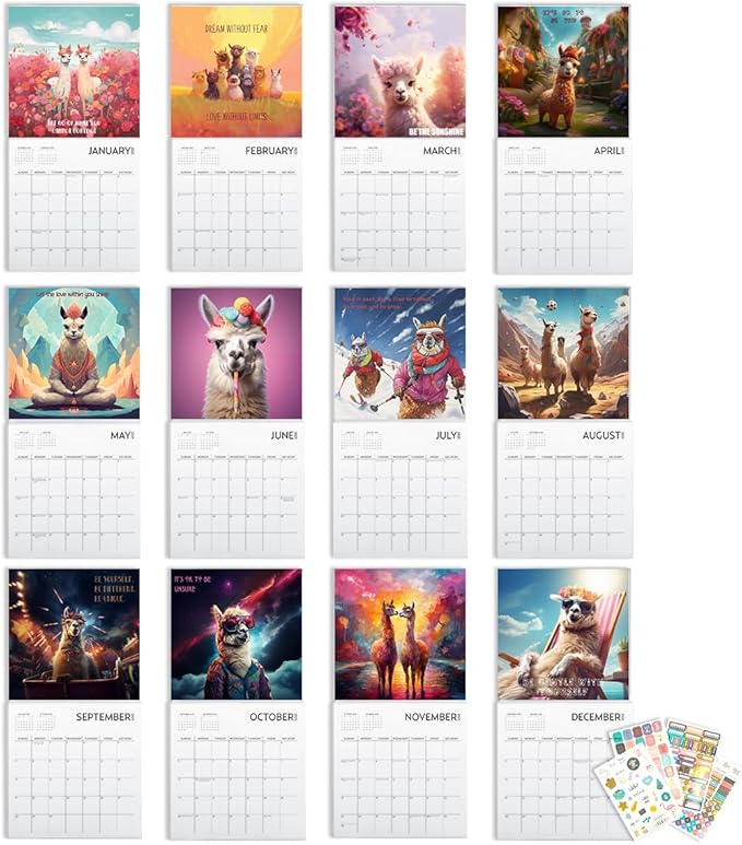 Llama Love Calendar 2025 with Sticker Pack, 12 x 12 inch, Inspiration Quotes, Llama Gift, Llama Wall Calendar and Sticker Set