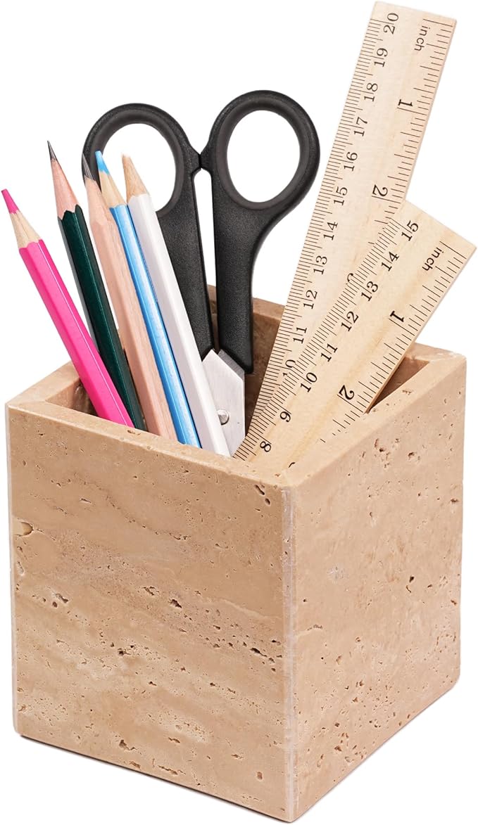 Marble Makeup Brush Holder - Travertine Candle Toothbrush Cup for Bathroom Accessories, Decorative Pencil Organizer for Office Desk Aesthetic, Stone Utensil Container for Kitchen