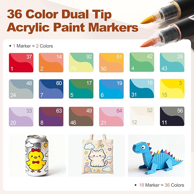SUNEE 36 Colors Acrylic Paint Markers, 18 Pack Brush Tip Paint Pens with Automatic Ink Control System, Coloring Markers for Metal, Rock, Ceramic, Wood, Canvas, Glass, DIY Crafts Art Supplies Kit