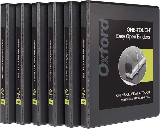 Oxford 3 Ring Binders, 0.5 inch ONE-Touch Easy Open D Rings, Durable Binders for School and Office, View Binder Covers, Xtralife Hinge, Non-Stick, PVC-Free, Black, Holds 125 Sheets, 6 PK (79901)