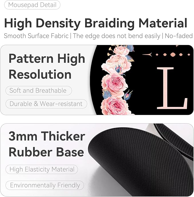 Letter L Black & Pink Flowers Round Mouse Pad: Non-Slip Rubber Base, Home Office Decor Desk Accessory, 8.7in Round