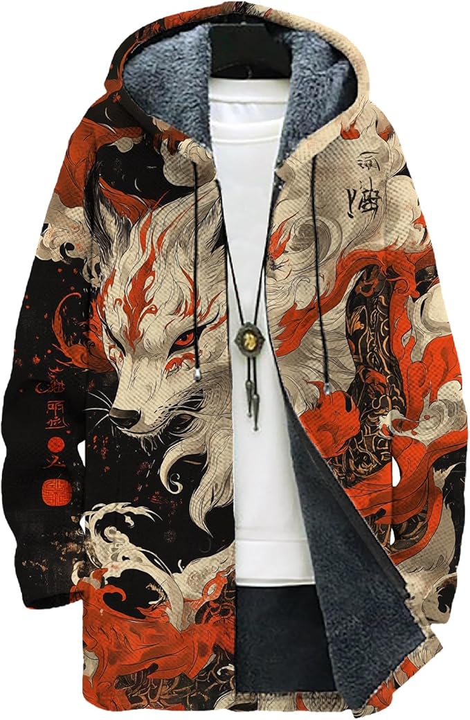 MARSVOVO Mens Cardigan Sweater Cool Graphic Lined Fleece Long Coat Zip With Pockets Fashion Coat Warm Fitted Jacket