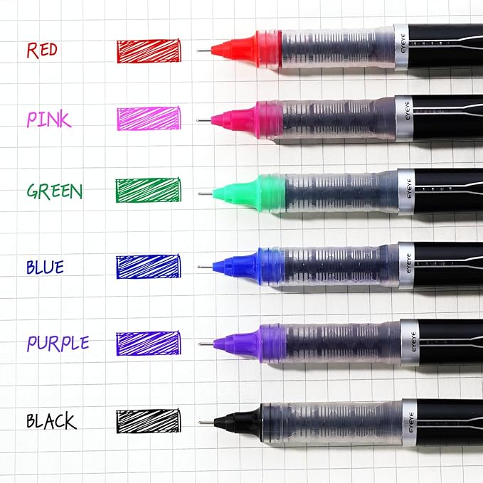EYEYE 0.5mm Rollerball Pens 6 Assorted Colors, Extra Fine Point Needle Pen Quick Dry, Liquid Ink Pens Fine Point Smooth Writing Pen for Journaling, Note Taking, Office, School Supplies