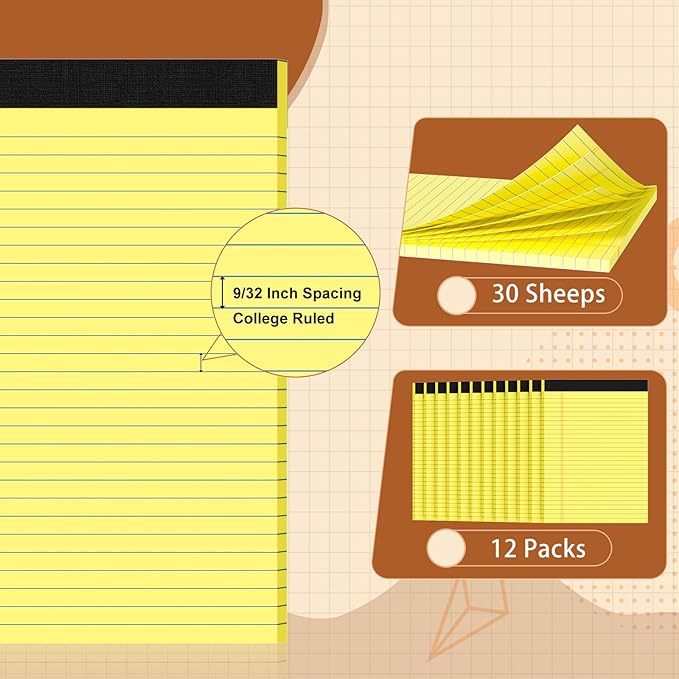 Legal Pads 8.5 X11.75, Narrow Ruled Notepads, 12 Pack, 30 Sheet/Pad, Yellow Legal Pads, Tear Off Notepad, Perforated Writing Pad, Notebook Paper College Ruled, Notepads For Office Home School, Notepad