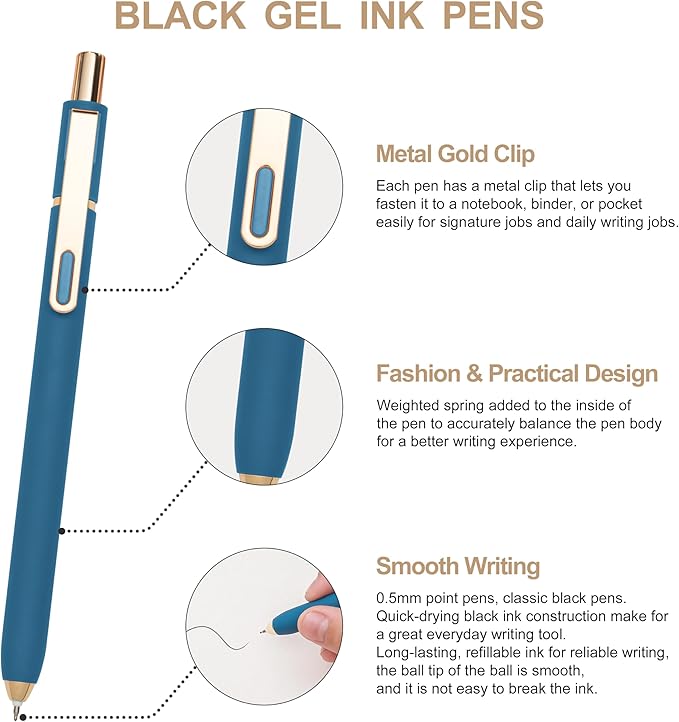 Linbsunne Gel Pens Black Ink Pens for Office 0.5mm Fine Point Pen Smooth Writing Retractable (Vintage-10 pcs)