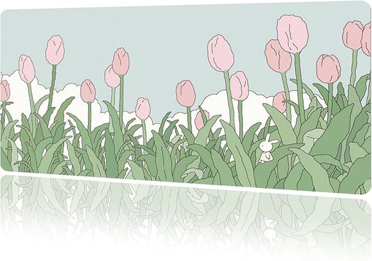 MAYCARI Watercolor Tulip Flower Mouse Pads,Extended Gaming Mousepad XXL Kawaii Anime Desk Mat Pink Green Large Full Desk Mouse Pad 31.5" x15.7"