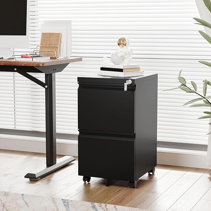Letaya 2 Drawer Mobile File Cabinet with Lock, Under Desk Metal Rolling Filing Cabinets for Home Office Organizer Letters/Legal/A4 (Black- Requires Installation)