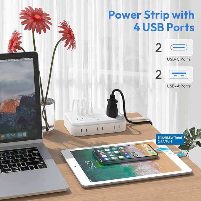NTONPOWER Surge Protector Power Strip with 6 Outlets 4 USB Charging Station(2 USB C Port), 5 Ft Flat Plug Extension Cord, Outlet Extender for Indoor, Home, Office Supplies, Dorm Room Essentials