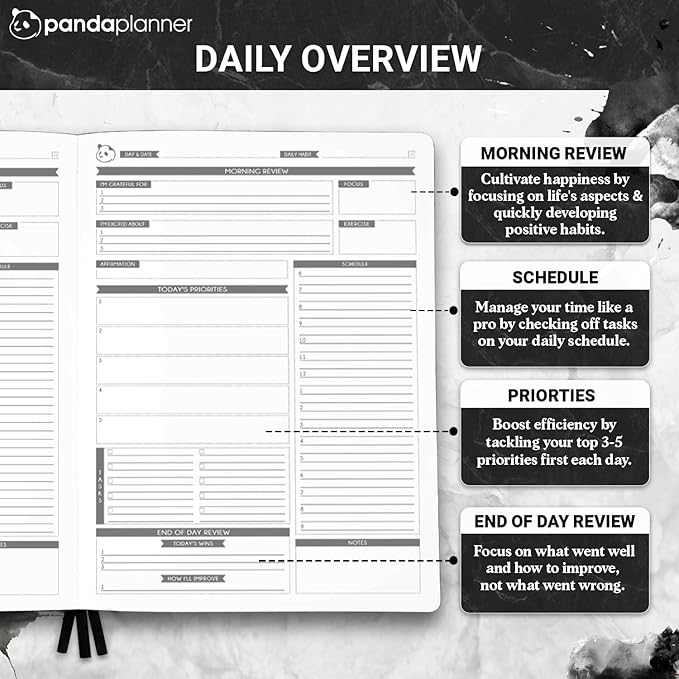 Panda Planner Pro A4 Daily Planner 2026 – 6 Month Large 8.5x11 Undated Academic & Productivity Planner with Daily, Weekly & Monthly Calendar, Work Planner, Goal Tracker, Habit Tracker & Personal Development Organizer – Black