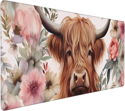35.4 x 15.7 in, Waterproof XXL Large Mouse Pad for Desk, Extended Keyboard Mouse Mat for Computer Office, Big Laptop Mouse pad, Gaming Pc-Highland Cow Pink Floral