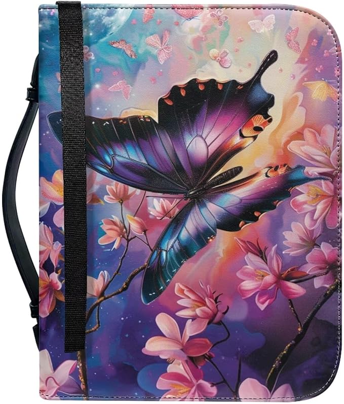 Lotusorchid Cherry Blossom Butterfly Printed Bible Bags, Faux Leather Bible Covers with Handle Pockets for Women, Blue Butterfly Sturdy Bible Bag for Girls Ages 8-12, Christian Bible Study Accessories