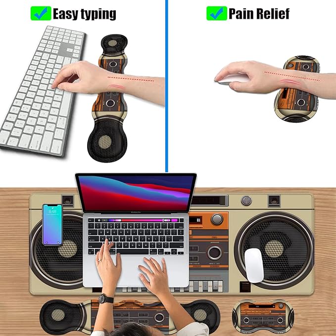4 in 1 Ergonomic Keyboard Wrist Rest & Mouse Pad Wrist Rest Set, Large XXL Gaming Desk Mat 31.5"x 11.8" with Non-Slip Base, Memory Foam for Home Office Study Gaming, Retro Tape Recorder