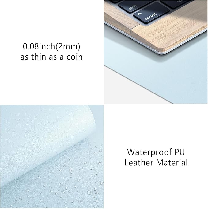 Mouse Pad Desk Protector Mat, Large PU Leather Office Desk Mat, Non-slip Desk Pad for Keyboard and Mouse, Waterproof Desk Blotter Pad for Writing, Wide & Smooth Laptop Desk Pads, Baby Blue (17’’X36’’)