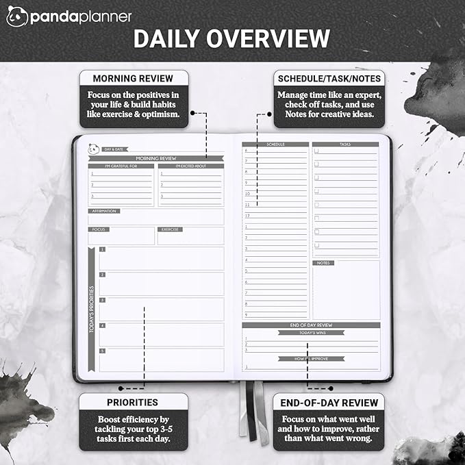 Panda Planner Classic A5 Daily Planner 2026 – Undated Quarterly & Productivity Planner with Hourly Schedule, To Do List, Daily Journal, Goal Planner, Habit Tracker & Gratitude Organizer – Black