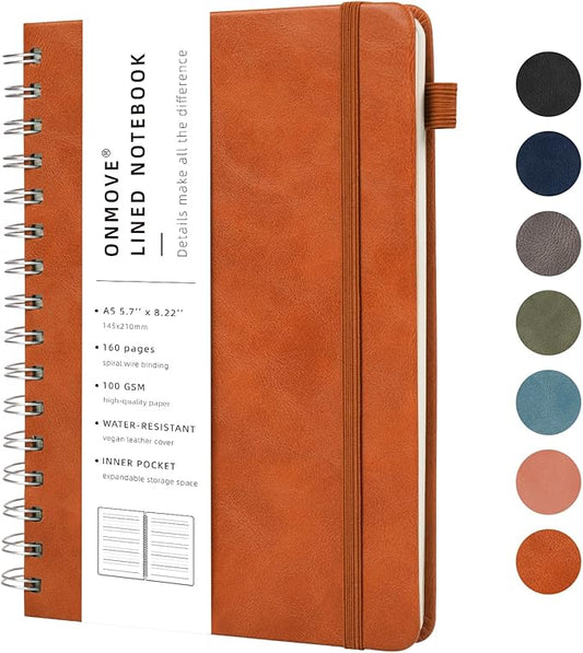 Lined Spiral Notebook Journal for Women Men 160 Pages A5 College Ruled Hardcover Leather with Pen Holder Notebook Journals for Note Taking Work Brown