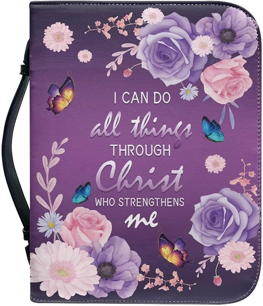 Lotusorchid Flower Butterfly Bible Bags for Women, Portable Bible Cover Bags for Girls, Christian Bible Study Accessories,I Can Do All Things Through Christ Who Strengthens Me Bible Verse, L