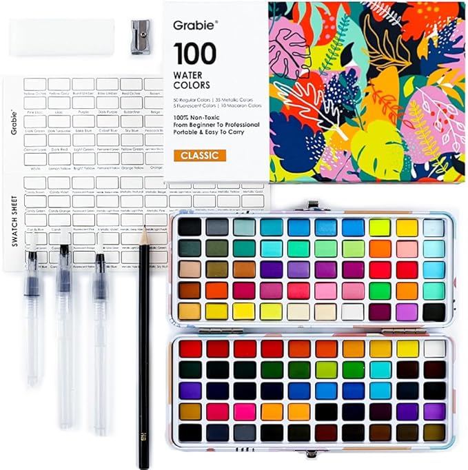 Grabie 100 Colors Watercolor Paint Set，Pack of 50 Regular, 35 Metallic, 10 Macaron and 5 Fluorescent Colors， Portable Metal Case, Water Brush Pens, and Accessories， For Beginners and Professionals