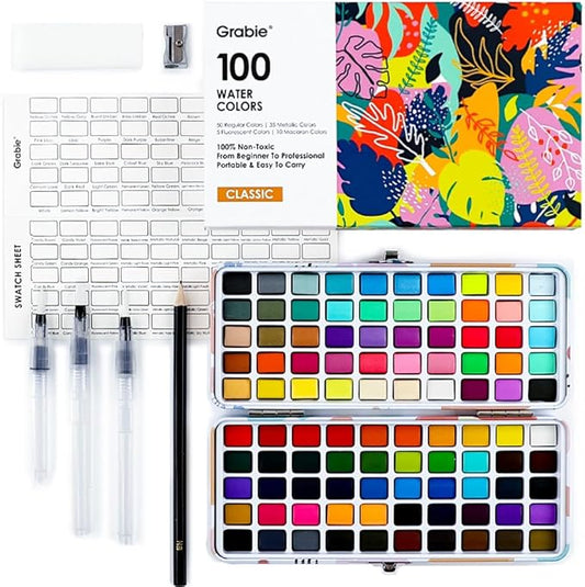 Grabie 100 Colors Watercolor Paint Set，Pack of 50 Regular, 35 Metallic, 10 Macaron and 5 Fluorescent Colors， Portable Metal Case, Water Brush Pens, and Accessories， For Beginners and Professionals
