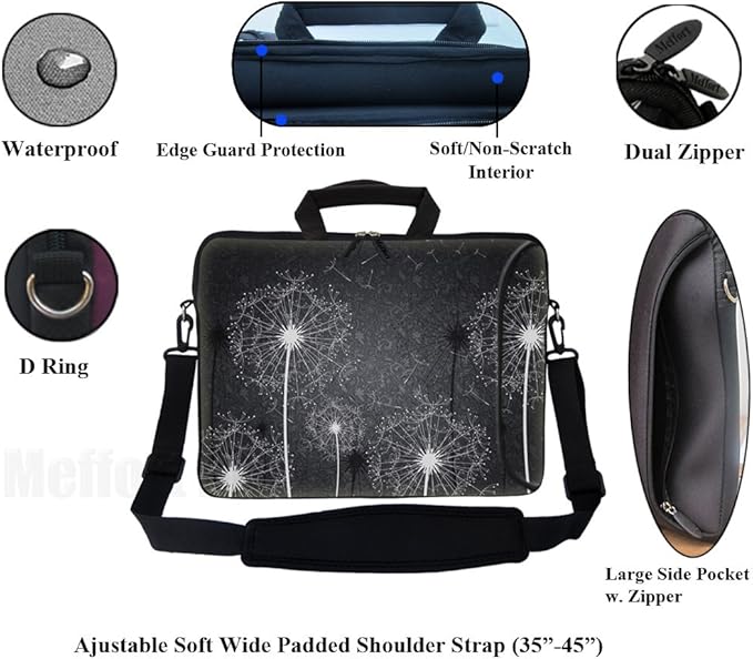 Meffort Inc 17 Inch Neoprene Laptop Bag with Extra Side Pocket, Soft Carrying Handle & Removable Shoulder Strap Fit 16" to 17.3" Size - Black White Dandelion