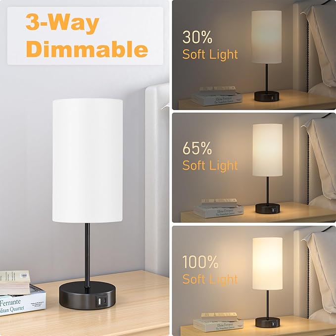 AKASUKI Table Lamp for Bedroom, 3 Way Dimmable Touch Lamp with Dual Charging Station, Small Bedside Lamps for Night Stands, Living Room, Office(LED Bulb Included)