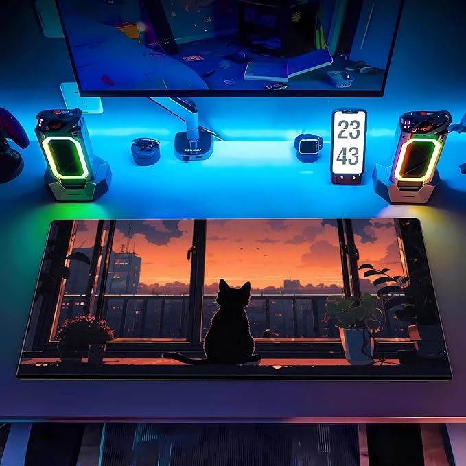 Lofi Aesthetic Desk Mat Cat Mouse pad Cute Orange Anime Mouse Pad Extra XL Large Gaming Mousepad for Desk 31.5''X15.7'' Laptop Computer Keyboard and Mouse Mat for Desk Decoration