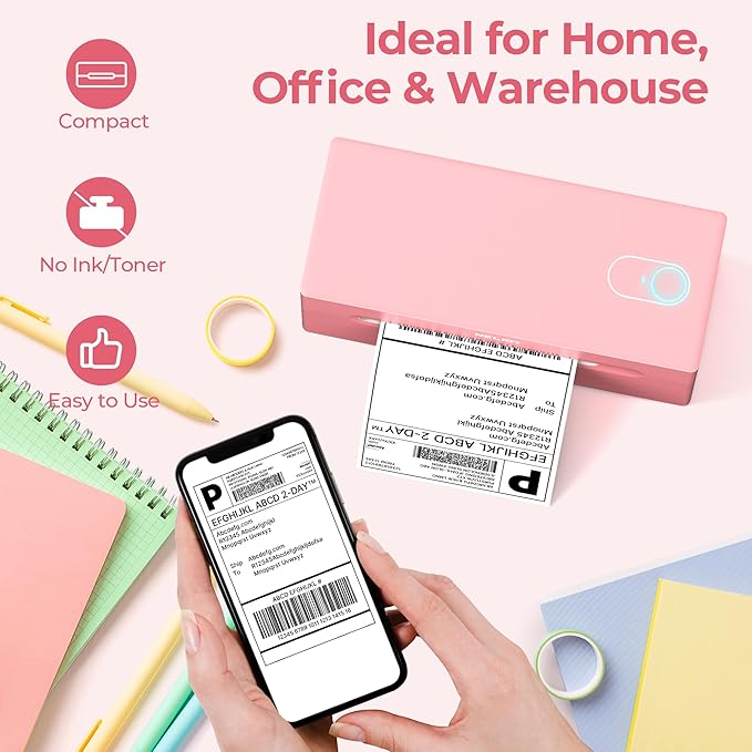 Nelko Bluetooth Thermal Shipping Label Printer, Wireless 4x6 Shipping Label Printer for Small Business, Support Android, iPhone and Windows, Widely Used for Amazon, Ebay, Shopify, USPS(Pink)