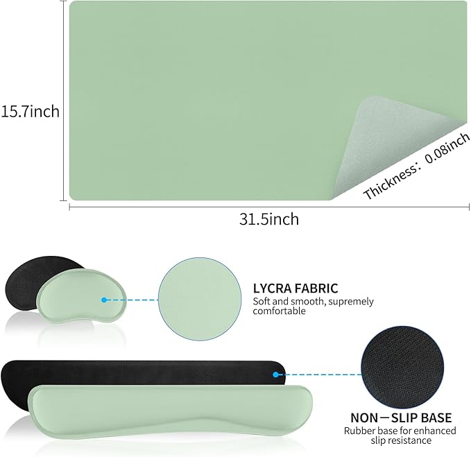 Mouse Pad and Keyboard Wrist Rest, Large Keyboard and Mouse Pad Set, Ergonomic Mousepad with Wrist Rest, Non-Slip Desk Mat Protector for Office, Home (31.5×15.7 Inches, Lake Green)